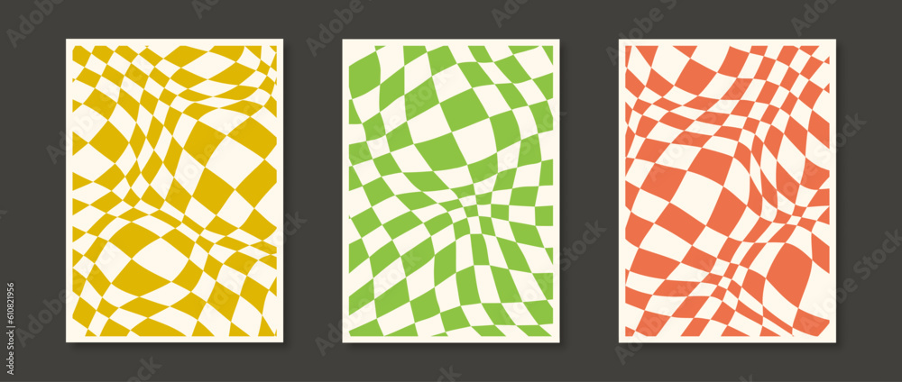 Poster Trippy checkerboard background set. Orange, green, yellow retro psychedelic checkered wallpaper collection. Groovy chessboard surface bundle. Distorted and twisted geometric patterns. Abstract vector
