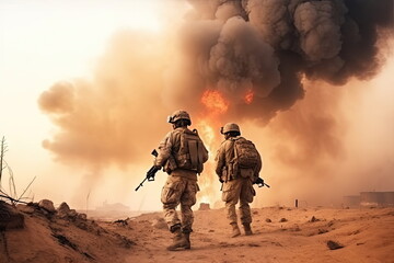  soldiers crosses warzone with fire and smoke in the desert, military special forces, tank