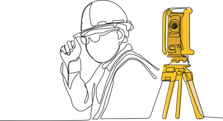 Close up of Caucasian worker with helmet on head using tablet for work while standing in warehouse. Surveyor with a tripod icon. Geodesic tripod. Vector illustration