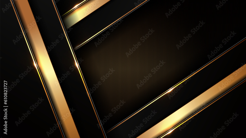 Wall mural black gold background, golden light luxury image abstract, straight lines overlap layer shadow gradients space composition for banner, flyer cover layout, website template design