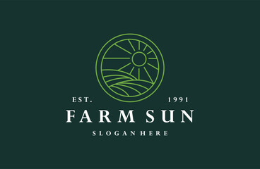 Farm sun logo vector icon illustration hipster vintage retro .