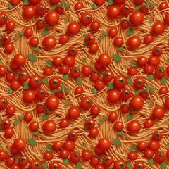 Seamless pattern texture cherry tomatoes with spaghetti leaves. AI generated 