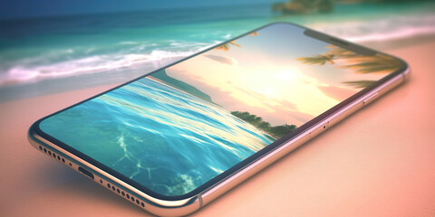 Cell phone on a beach with paradisiacal scenery, IA generativa