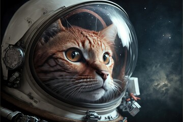 Cat face inside astronaut helmet on space background