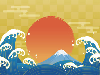 Naklejka premium 波と富士山と初日の出の和風背景_ベクターイラスト