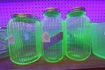 Bright green radium jars on display at an antique store in southern Ohio	