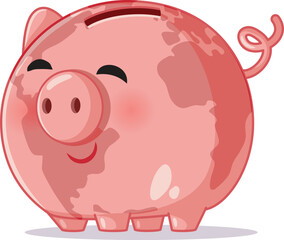 Happy Piggy Bank with World Map Symbol of Global Economy Vector Cartoon. World economy symbol of wealth and growth 
