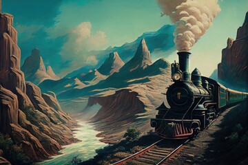 Painting of 19th century train driving across mountains