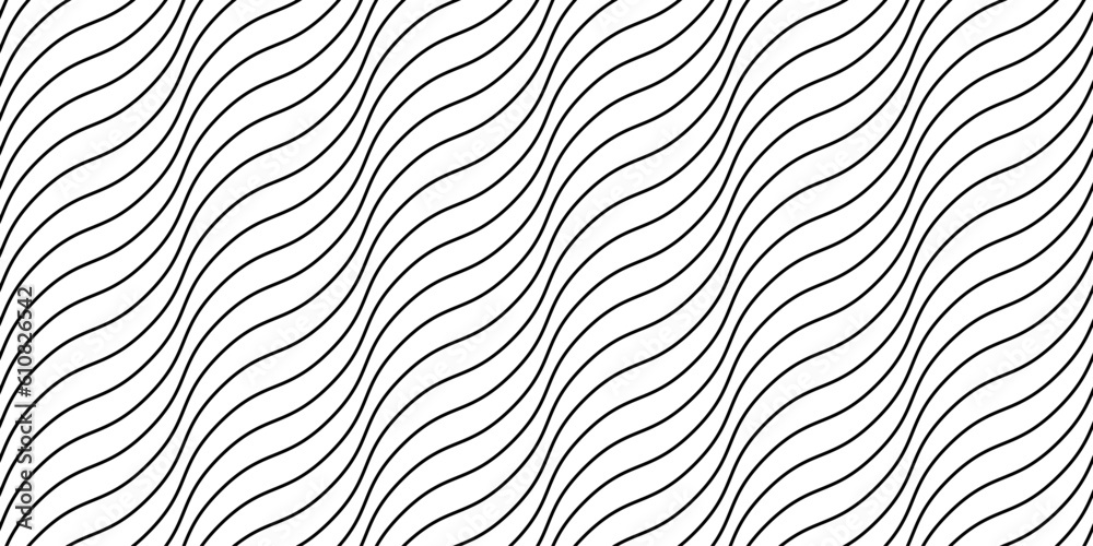 Aufkleber Wave lines seamless pattern. Black and white undulate stripes repeating background. Diagonal wavy texture. Simple curved linear wallpaper. Textile and fabric design template. Vector