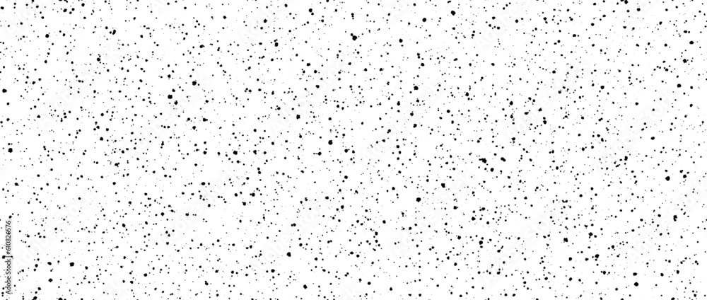 Poster Seamless splashed dots pattern. Black noise grain repeating texture. Particles, splashes, drops, pieces, specks, speckles wallpaper. Random grunge grit background. Vector backdrop