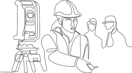 Close up of Caucasian worker with helmet on head using tablet for work while standing in warehouse. Surveyor with a tripod icon. Geodesic tripod. Vector illustration