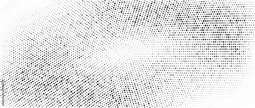 Aufkleber Radial halftone gradient background. Dotted concentric texture with fading effect. Black and white circle shade wallpaper. Grunge rough vector. Monochrome backdrop