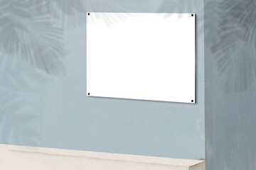 Horizontal photo frame on gray wall, tropical leaves, natural shadows overlaid on white textured background for overlays in product presentations
