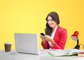 Naklejka premium Young successful female employee work at office