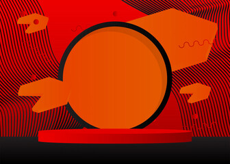 Black, orange and red stage showcase. Abstract Mockup cylinder pedestal podium. Vector product display for presentation. Minimal geometric scene.