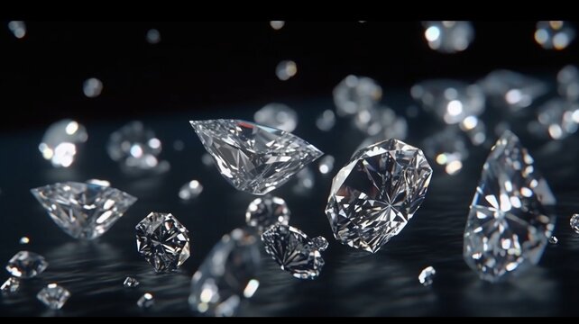 It's raining diamonds. Diamonds falling from above, dark background and depth of field. Beautiful realistic diamond gems in a stream. Wealth demonstration. Expensive lifestyle. Fashion stones.