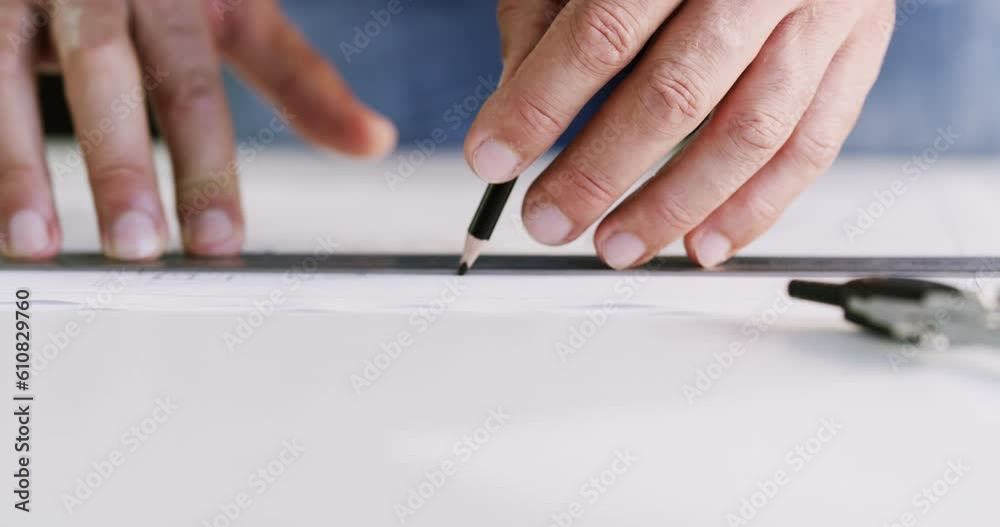 Poster hands, pencil and ruler for drawing on paper, blueprint and engineering of technical project, archit