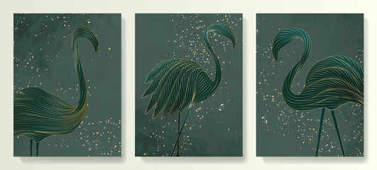 Framed poster Luxury natural art background with flamingo birds in golden line style. Animal hand drawn set for decoration, print, interior design, wallpaper, invitations, packaging.