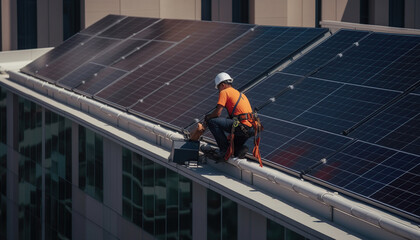 construction worker installing photovoltaic panels. solar panels