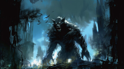 Generative AI, Lunar Enigma: Werewolf in the Moody Moonlit Forest