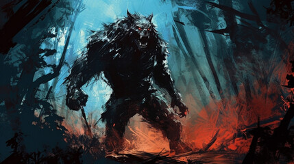 Generative AI, Lunar Enigma: Werewolf in the Moody Moonlit Forest