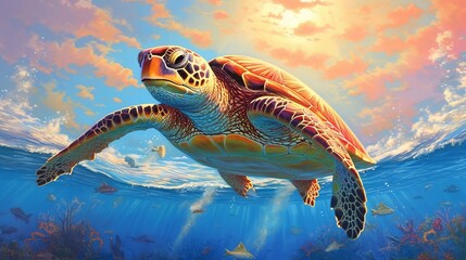 Sea turtle swimming in the ocean at sunrise. Generative AI