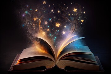 Open book with stars and magic emanating from the pages