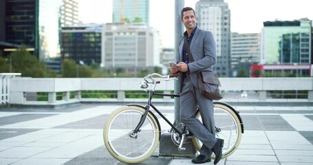 Business phone, bike and happy man, city person or professional typing email, online app or web search. Cellphone, eco friendly bicycle commute and male businessman networking on relax morning travel