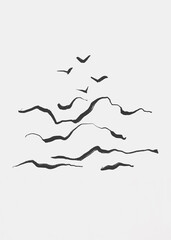 minimalist art of birds and clouds. lines brushes. black and white art. illustration for background, decorating. abstract art. modern