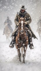Fototapeta na wymiar Modern cowboy in a snow storm. Generative AI