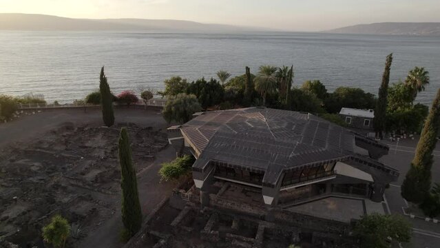 Aerial Israel. Capernaum Ancient Synagogue, Peter House Excavations Galilee Sea