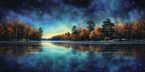 Fototapeta na wymiar Gaze upon a serene lake shimmering under a canopy of stars Generative AI Digital Illustration Part#060623 