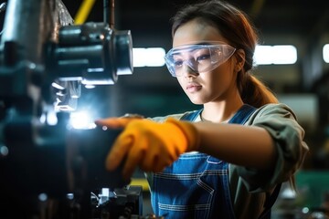 Asian woman technician in a factory is working on a metal drilling machine. Generative AI