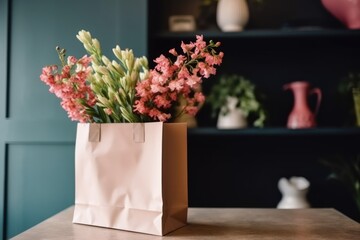 bouquet of flowers in paper shopping bag, eco marketing concept, space for text. AI generated