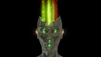 Energy, light streaming in / out of female head. Glowing particles of energy entering human.
Downloading information, data. Download / upload consciousness. 3d render illustration