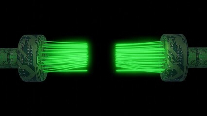 Green glowing fiber optic cables.  Glowing Nano wires , fiber optic filaments. 3d render illustration.