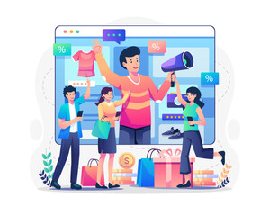 Refer a friend or Promote an online store concept. A man comes out from a web page and shouts on a megaphone to attract buyers or customers. Marketing and promotion. Vector illustration