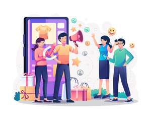 Referral marketing or Promoting an online store with a man shouting on a megaphone. A woman holding a magnet to attract buyers or customers. Marketing and promotion concept. Vector illustration