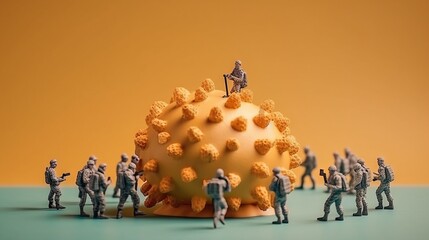 Tiny soldiers fighting a huge virus cell, like Covid. Generative AI. 
