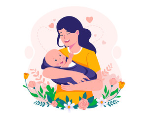 Mother Holding Baby In Arms. Happy Mother's Day Illustration. Mom and Baby. Happy young mother with her little cute baby