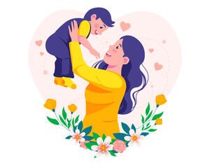 Happy Young Mother playing with the baby. Mom lifting her baby. Mother's Day Illustration