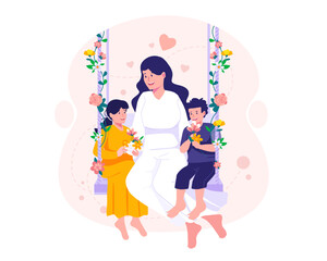 Young Mother with her daughter and son sitting on a swing decorated with flowers. Mother and her children embrace sitting on a swing. Happy Mother's Day
