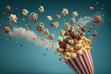 Candies and chocolate and popcorn flying in the air - obrazy, fototapety, plakaty