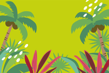 Vector summer background illustration with palm trees and tropical plants