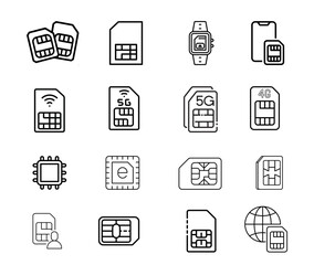 Simple Set of Sim Cards Related Vector Icons. Contains such icons as prepaid phone, simcard, 4g and more. Modern vector pictogram collection.