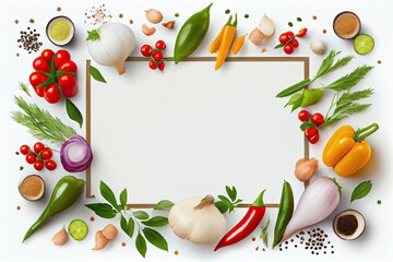 Fresh variety of vegetables spices and herbs outside frame with room for text