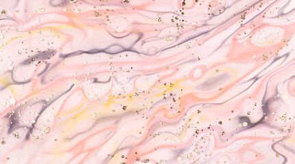 Abstract liquid marble background design with colorful mineral texture and gold splatter.