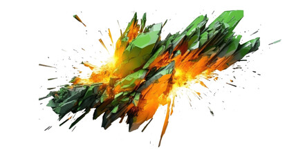 meteorite impact in green and orange abstract colorful shape, 3d render style, isolated on a transparent background