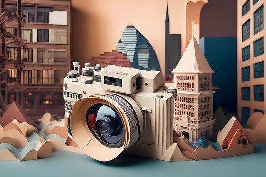 a camera in a city, paper art style ai generated