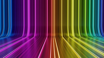 3d rendering of abstract colorful rainbow background, bright glowing neon led on glossy reflection background